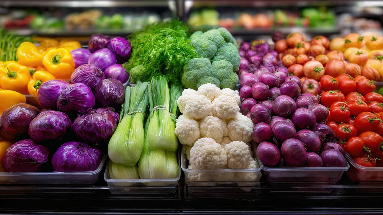 Esposizione vivace di verdure fresche che mostra una variopinta gamma di prodotti, tra cui peperoni, broccoli e cavolfiori in un negozio di alimentari