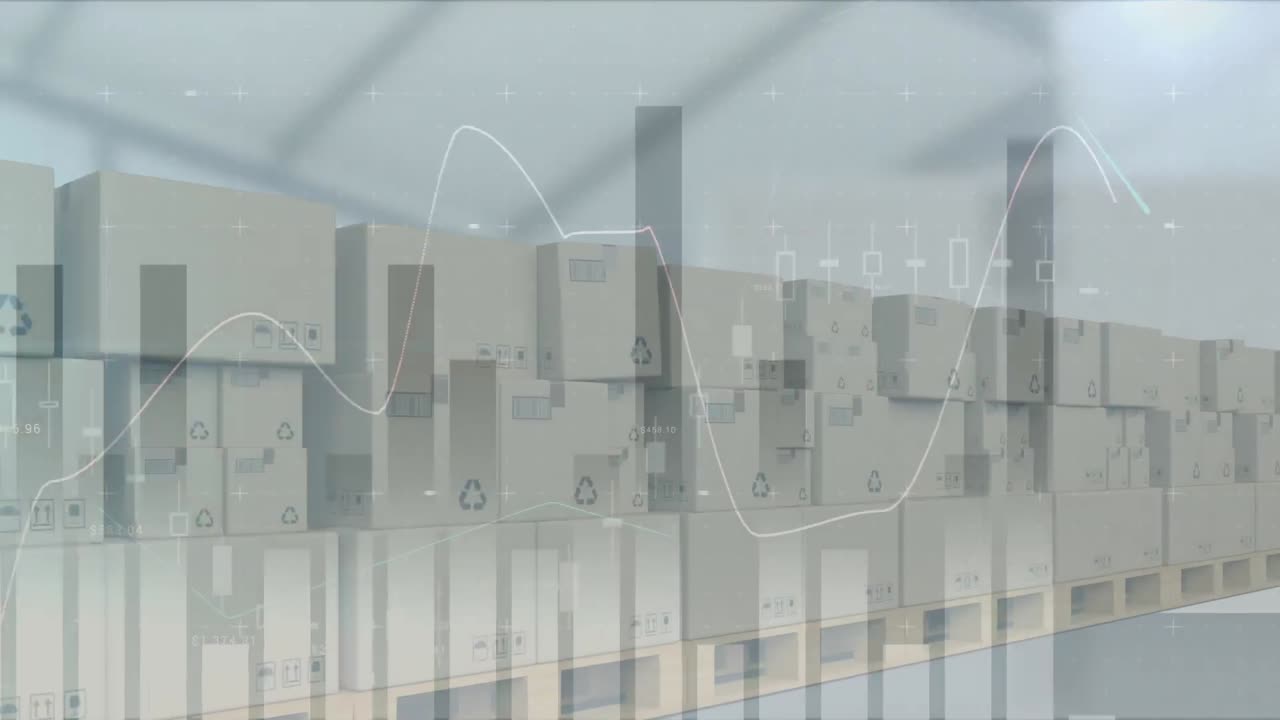 창고의 컨베이어 벨트에 있는 상자 위에서 금융 데이터 처리의 애니메이션