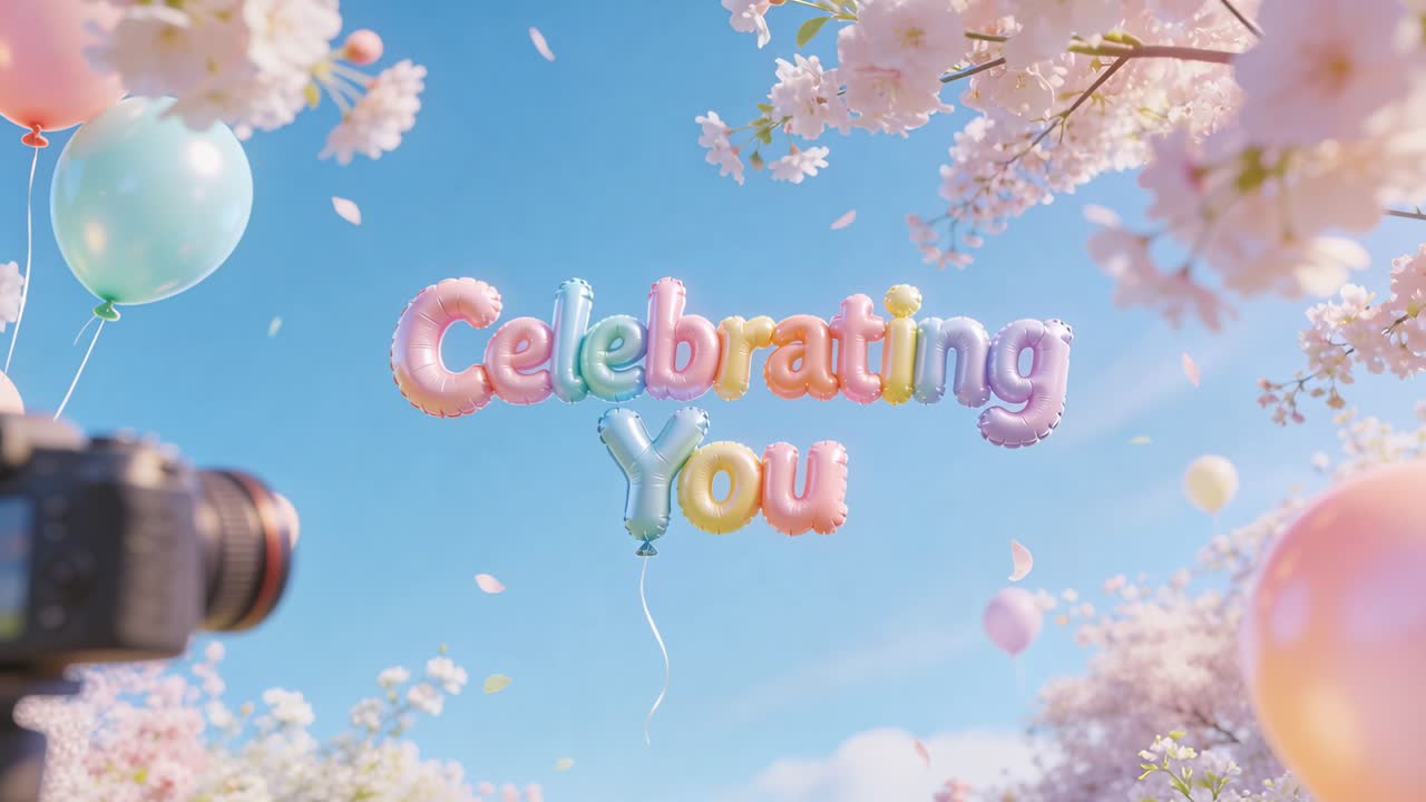 公園を漂うパステルカラーのホイル文字「Celebrating You」。そよ風が花びらを舞い上げ、カメラの三脚が据えられている。