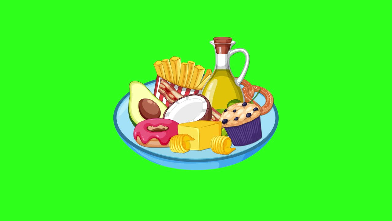 Various high-fat foods appear sequentially on a blue plate against a vibrant green background