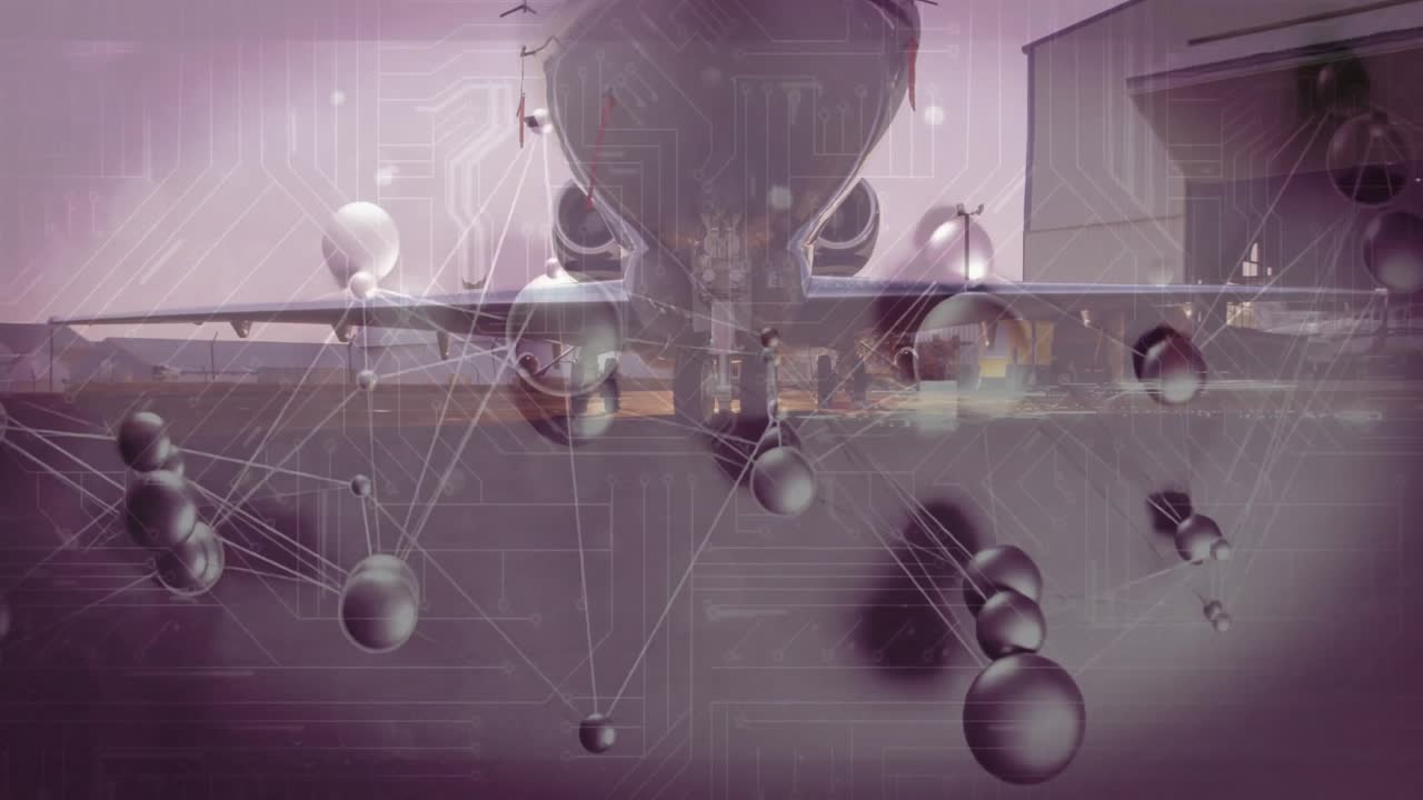 Molecular overlay drifting onto jet nose, creating linked spheres on fuselage illustrating network