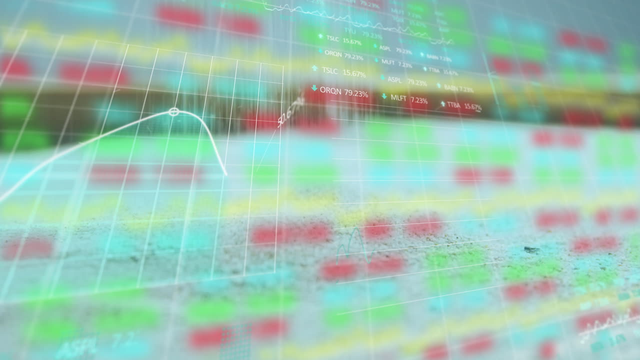 Stock market data and graphs overlaying textured surface in dynamic animation