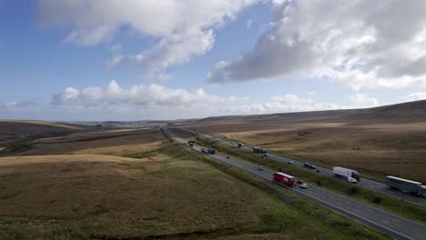 aerial footage of the m62 motorway at its summit, the highest motorway in england