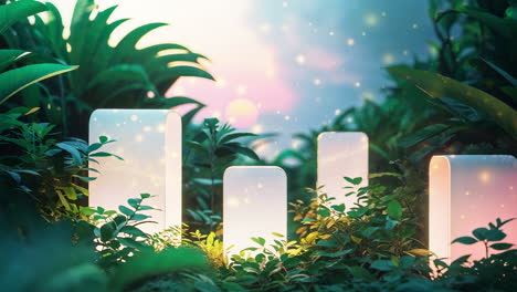 ethereal glowing light pillars in a magical fantasy garden