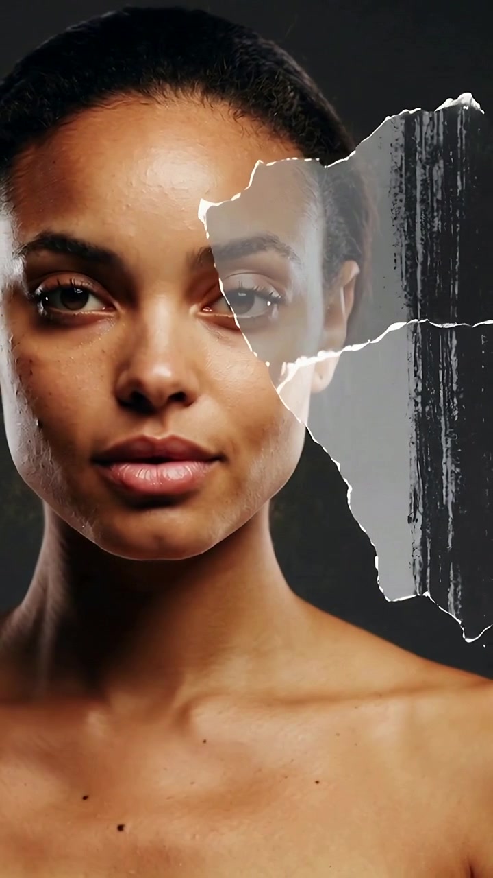 Vertical video: Animating torn rips making model turning in studio showing dual face bare shoulders