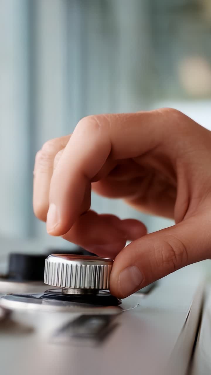 A Close-Up of a Hand Adjusting a Metal Control Knob on an Appliance with Soft Focus on Background, Highlighting Precision and Functionality in Everyday Tasks