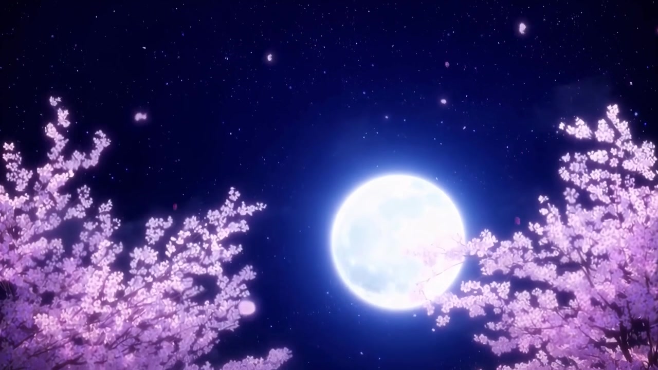 寧靜的夜空，伴隨滿月和飄落的櫻花花瓣