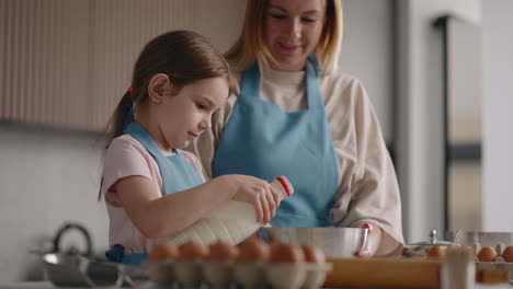 cooking at home little girl is helping to mother in kitchen adding milk in dough or omelette