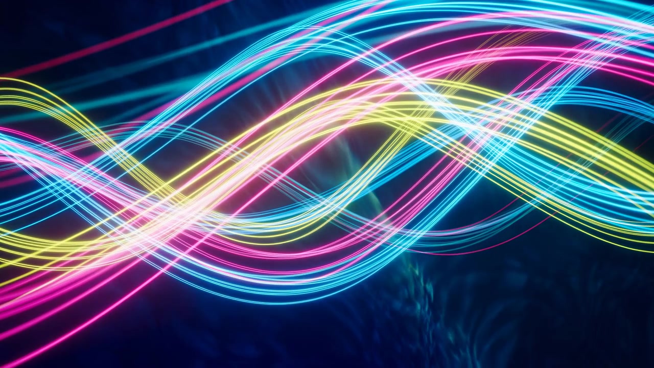Multicolor Neon Ribbons Intertwining Across Dark Field Pulsating Pink, Blue And Yellow Curves, Rhythmic