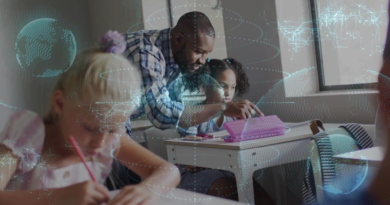 Teacher leaning, reaching tablet, guiding learning while holographic globe overlaying tablet
