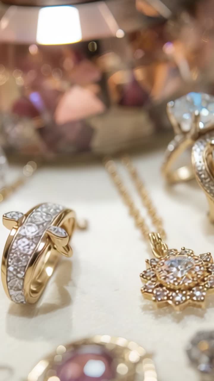 Vertical video: Camera panning across store revealing gold rings, starburst necklace, gemstone dish