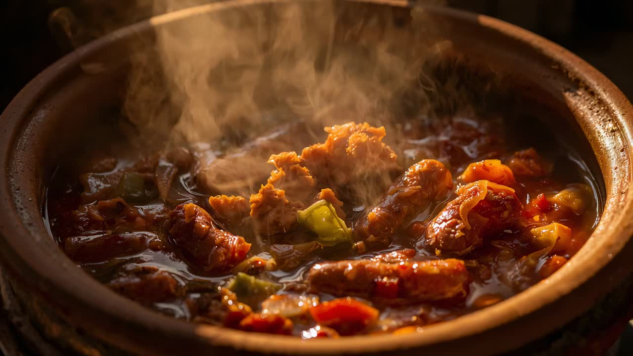 Rebusan mendidih dalam panci tanah liat dari panas kompor, mengeluarkan uap dan menampakkan daging serta paprika yang sudah kecoklatan.