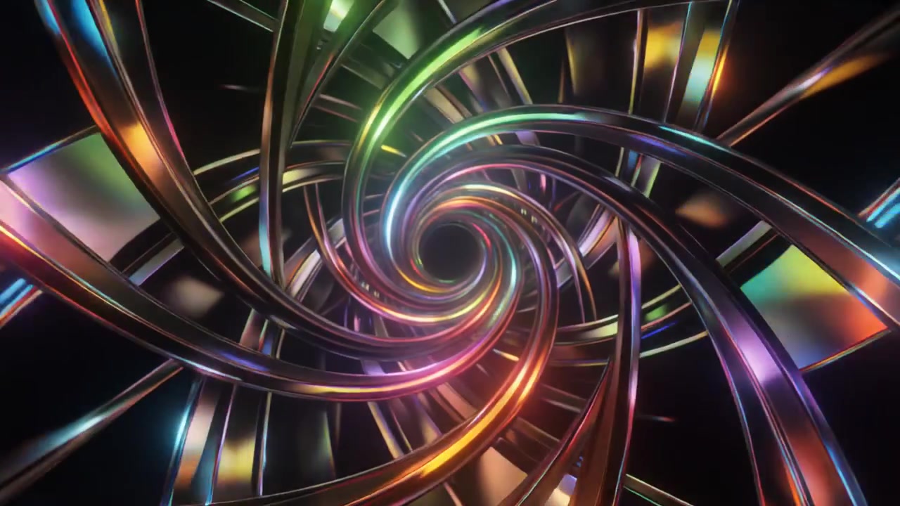 Tunnel a spirale metallico rotante astratto con illuminazione colorata vibrante