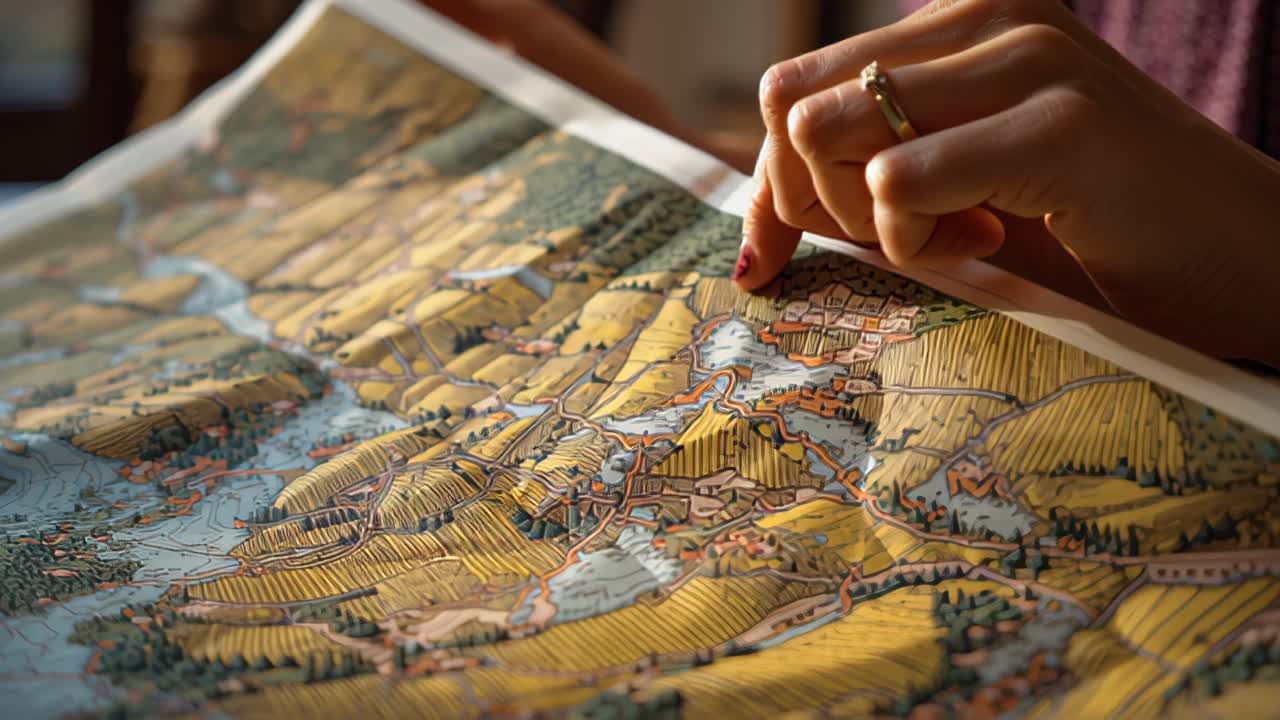 Riprese ravvicinate delle mani di una donna che studiano una dettagliata mappa topografica colorata, tracciando un percorso con il dito mentre pianifica un viaggio, ideale per temi di viaggio, navigazione e avventura.