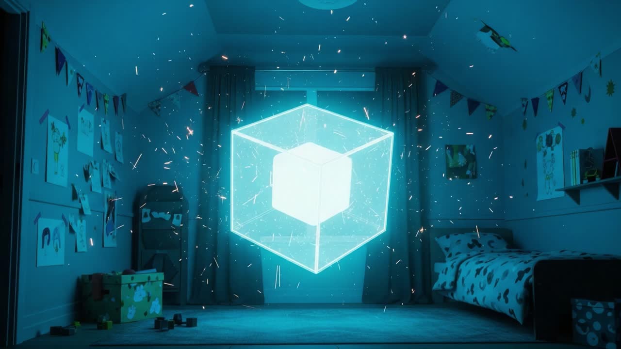 A surreal dreamlike scene where a glowing geometric cube hovers in a creatively decorated room, casting enchanting light and shadow on the walls and floor