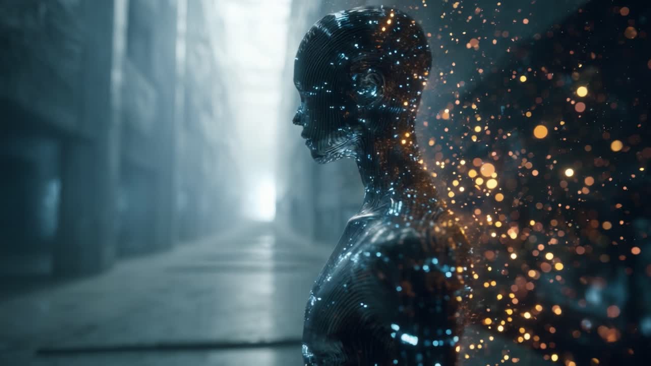 A Futuristic Silhouette of a Cybernetic Being, Sparkling with Bioluminescent Energy Amidst an Abandoned Urban Environment, Creating an Enigmatic Atmosphere of Technology and Nature