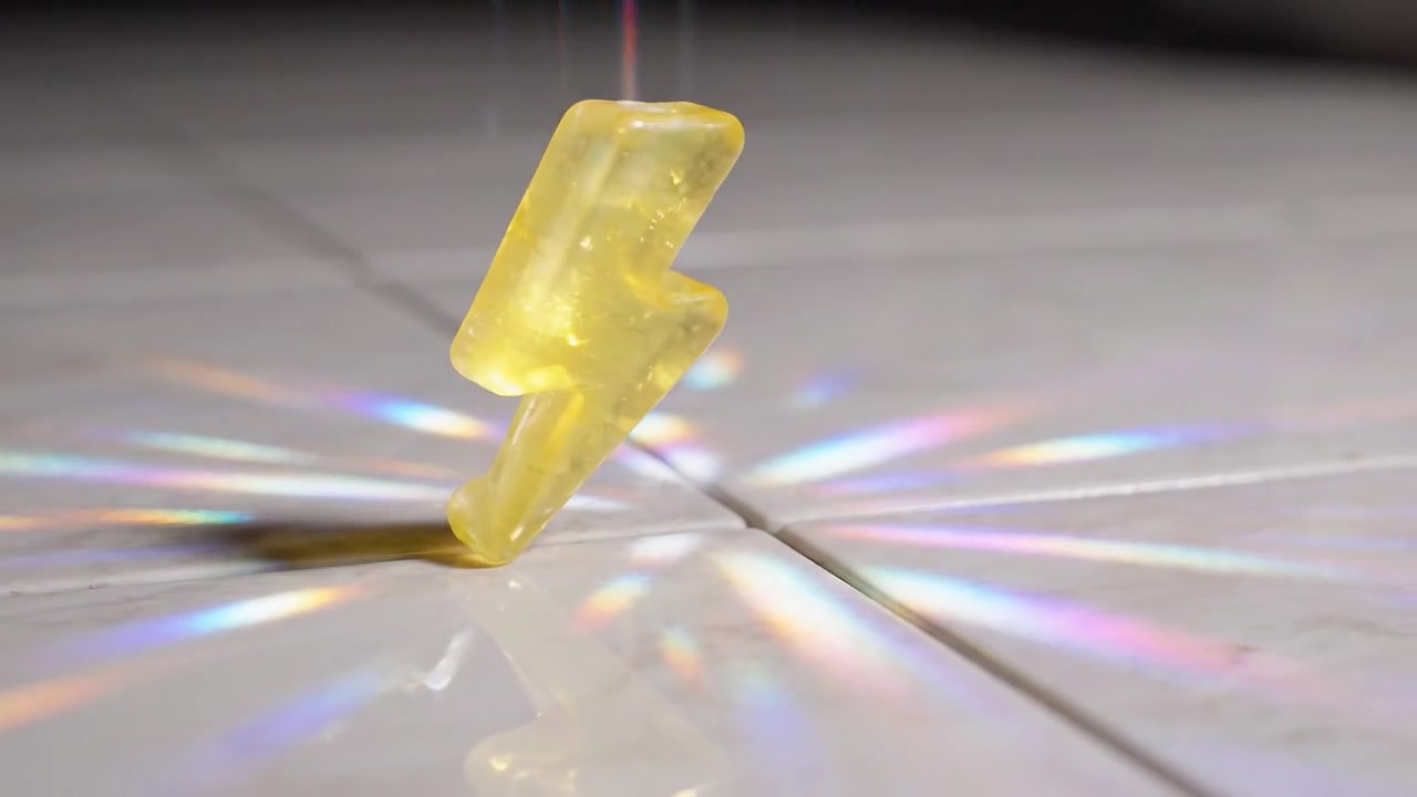 A vibrant, luminous yellow lightning bolt made of translucent material reflects colorful patterns on a surface, creating a dramatic and enchanting visual scene.