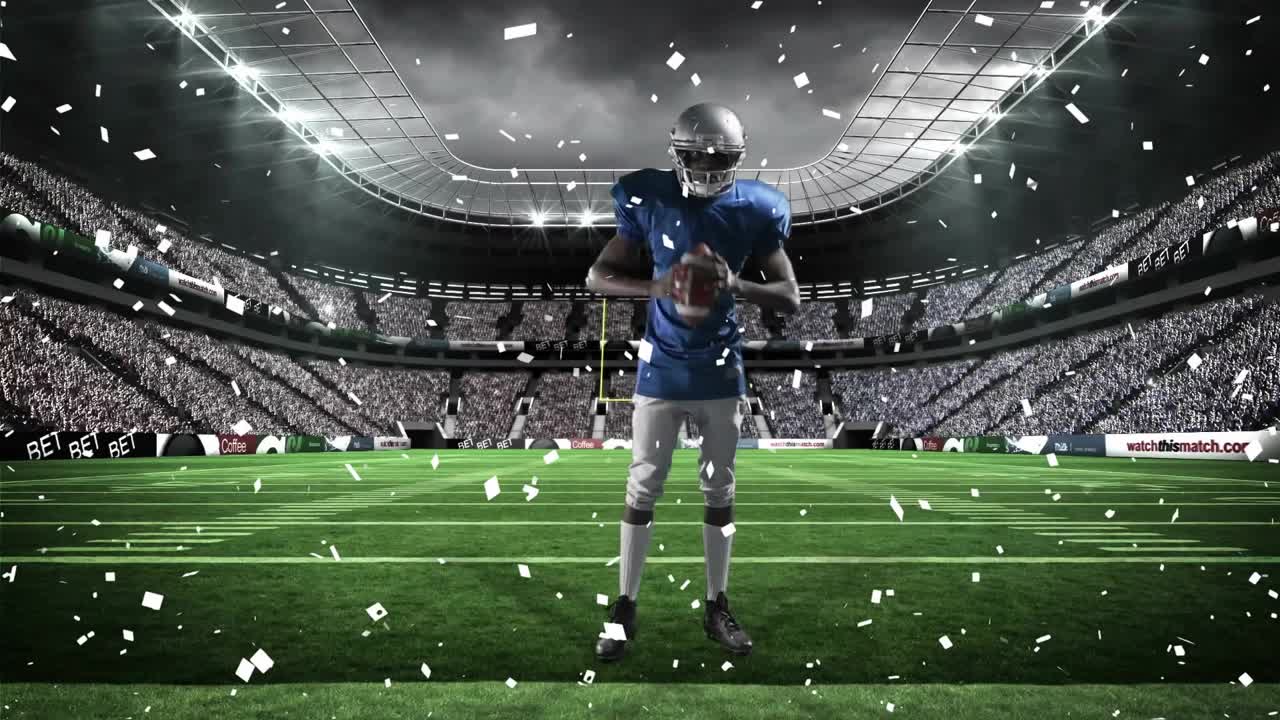 Giocatore di football che entra in un campo illuminato, con coriandoli che fluttuano, sposta la palla e si prepara a lanciarla