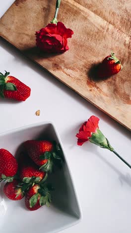 fresh strawberries and carnations on a white table