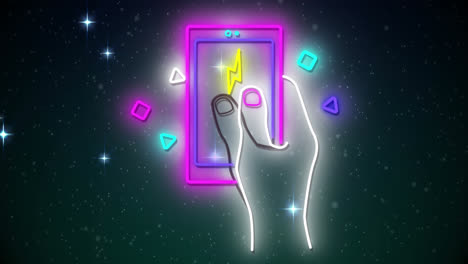 Animation-of-neon-hand-with-smarptohne-over-glowing-stars-on-black-background