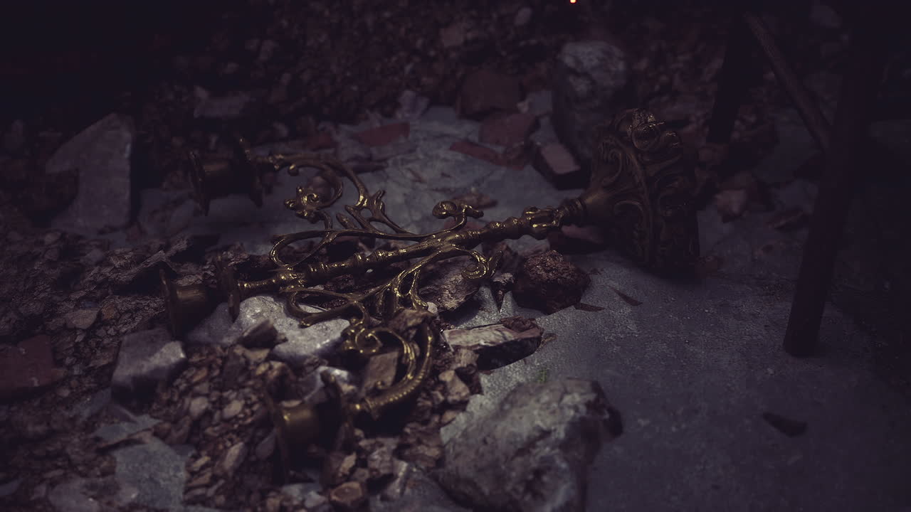 Intricate golden object lies amidst rubble in abandoned space