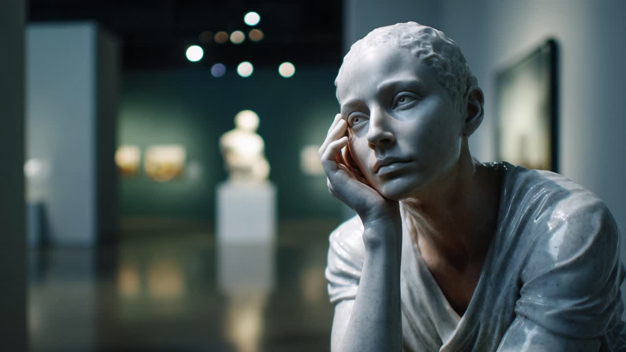 Una scultura pensierosa contempla l'esistenza in una galleria d'arte moderna, catturando l'essenza dell'emozione attraverso la serenità e la precisione artistica nella sua forma.