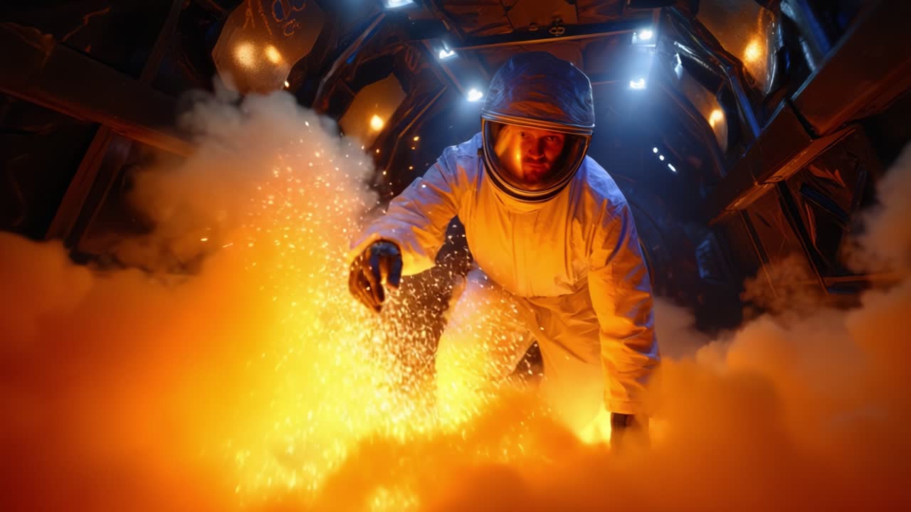 Un astronauta determinato in una vibrante foschia arancione naviga attraverso un ambiente drammatico ed enigmatico, pieno di fumo denso e luci incandescenti.