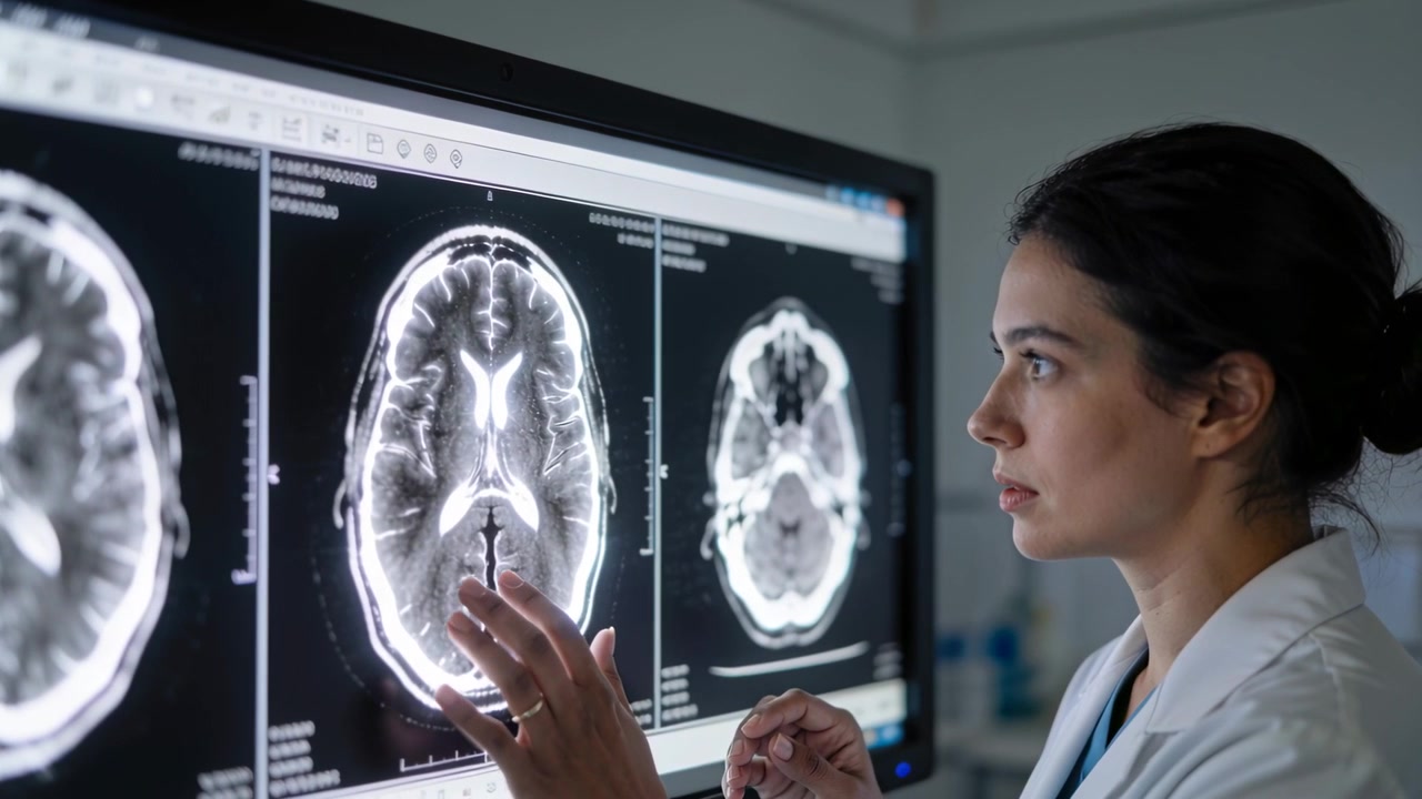 Médico con bata de laboratorio señalando en una clínica, reaccionando a un monitor que muestra una resonancia magnética axial del cerebro, espacio para texto.