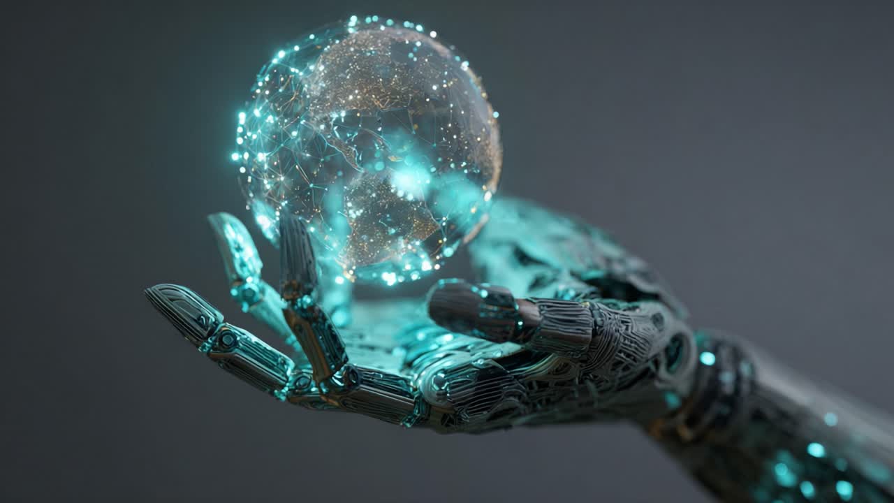 Cyborg hand holding a luminous digital projection of planet Earth with a glowing network of connections, representing global business, futuristic technology, and artificial intelligence concepts