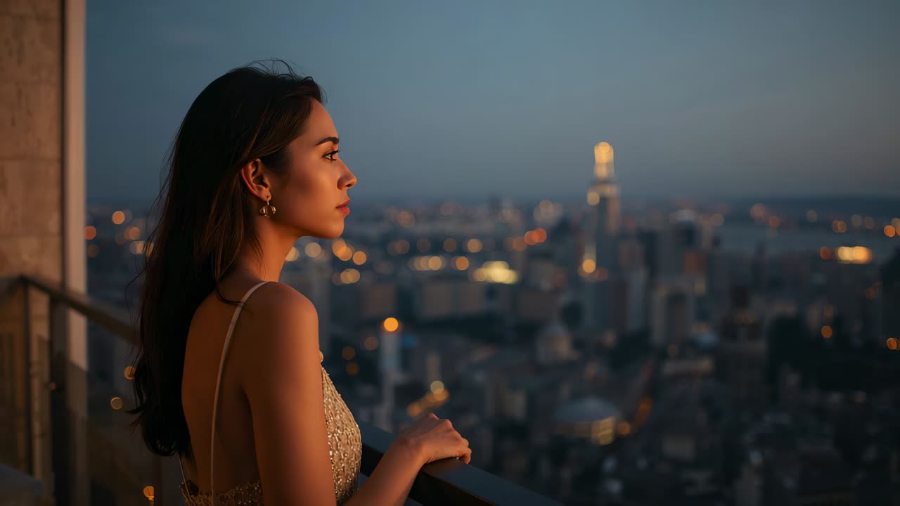 Gazing sequin-dress woman holding railing on balcony as dusk deepens, scanning skyline, copy space