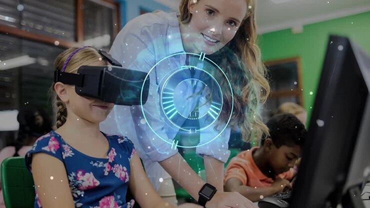 Animation of globe and data processing over smiling business people wearing phone headsets