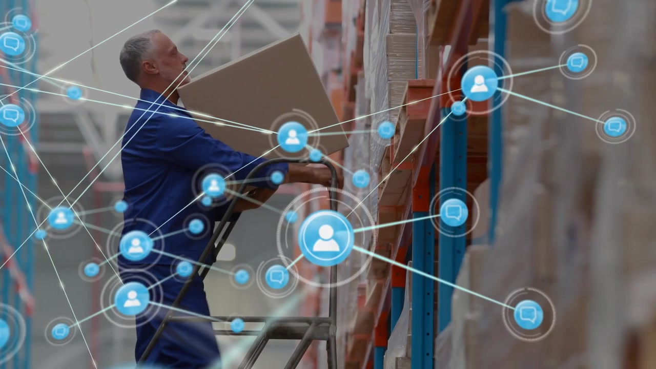 Warehouse worker pulling box from shelf, initiating digital network overlay for inventory tracking