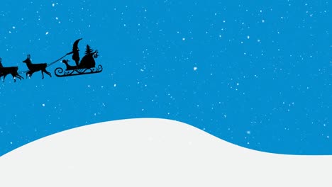 Animación-De-Santa-Claus-En-Trineo-Con-Renos-Moviéndose-Sobre-La-Nieve-Cayendo-Sobre-Fondo-Azul