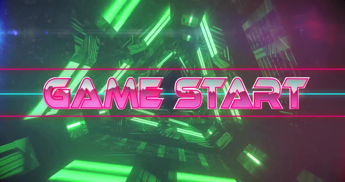 Letras rosas de 'GAME START' apareciendo gradualmente, polígono de neón giratorio que comienza, túnel que se aleja invitando al juego.