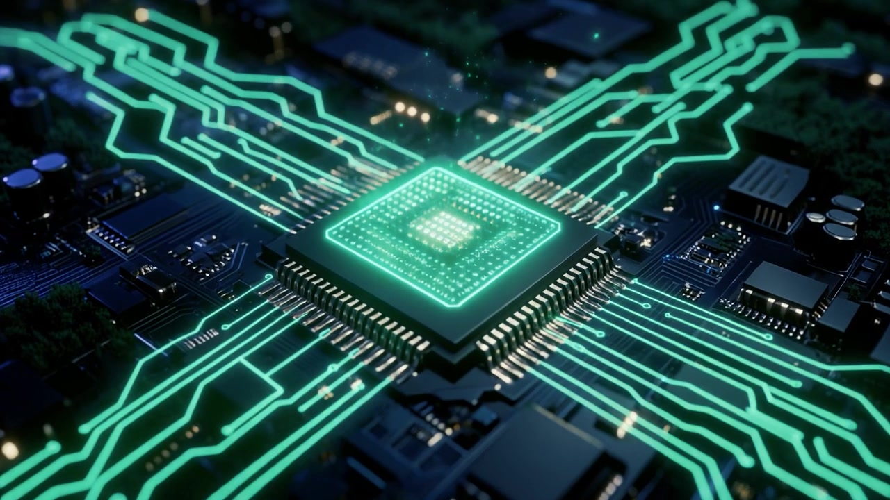 Glødende digital processorchip på printplade
