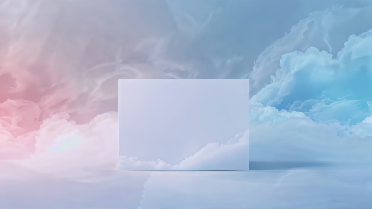 Shifting studio lighting and drifting mist, revealing white display box on cloud set for ad