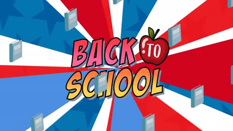Animation-Von-Back-to-School-Texten-über-Schulartikel-Symbolen-Auf-Blau-rot-weißem-Hintergrund