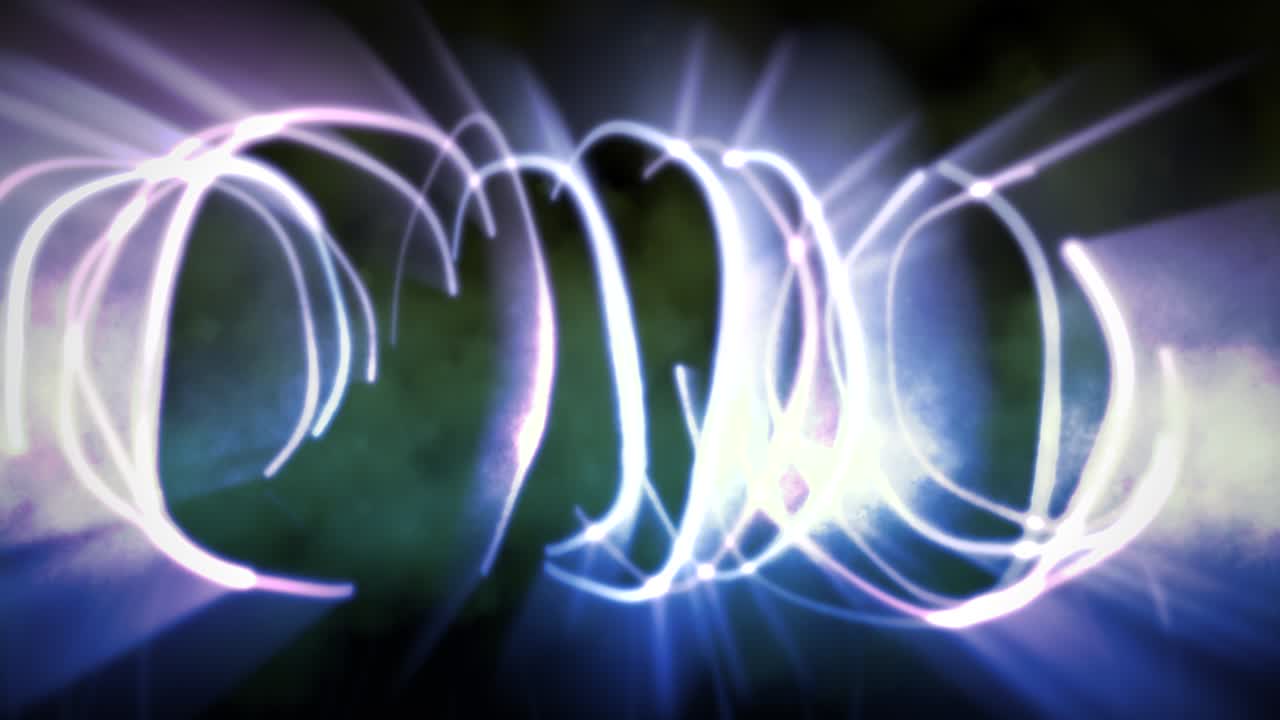 무대에서 네온 파란색 원과 연기가