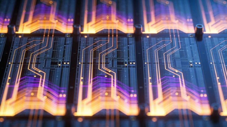 Moving camera revealing centered grid of PCB modules at lab, visualizing violet and orange traces