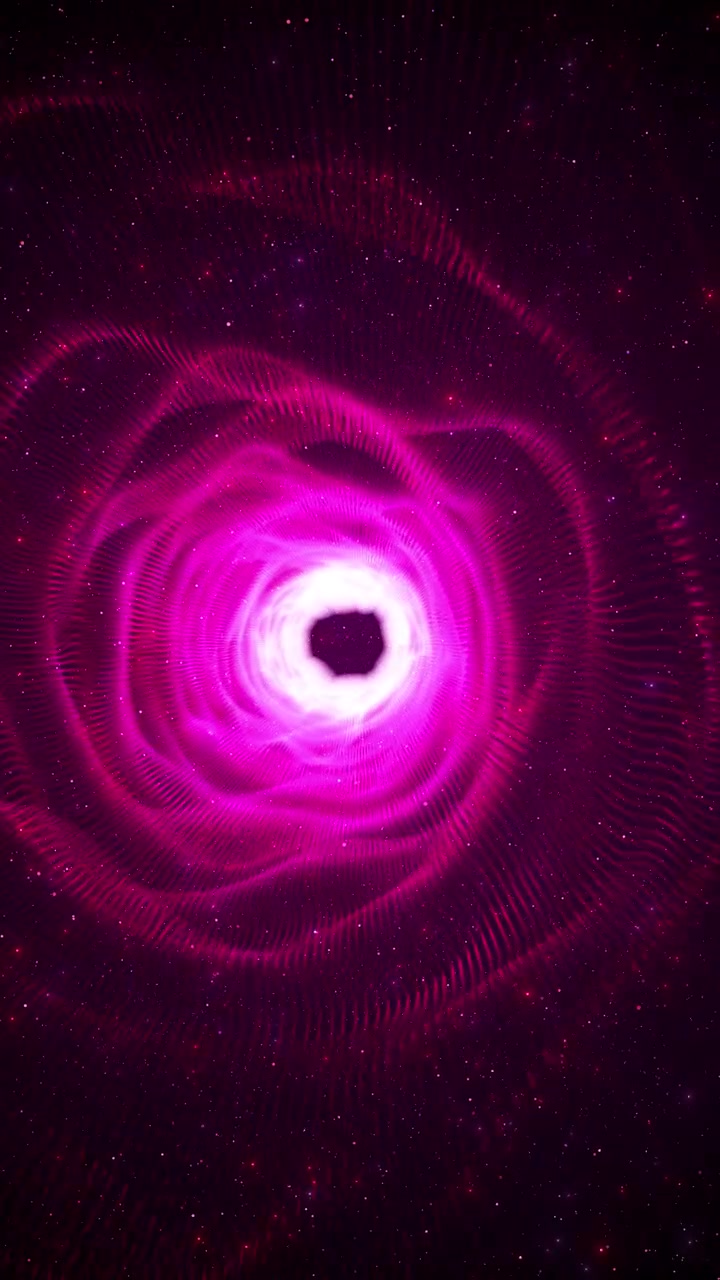 Pink neon cirkulær energiportal, lys kerne, magenta partikelbølger, mørk rumdybde, vibrerende