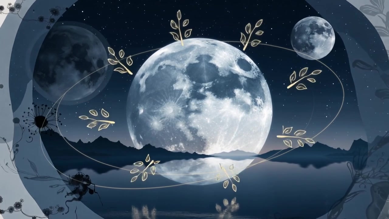 變幻的調色板，展現居中滿月照亮夜湖，葉片環繞著圓環。