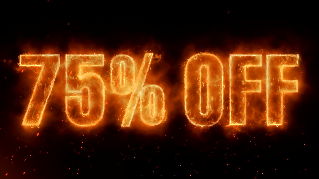 75% de descuento en la palabra quema caliente en fuego realista llamas chispas y humo animación de bucle continuo sin problemas