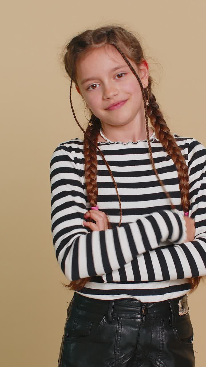 Child girl feeling very proud pointing herself overjoyed by success making choice selfconfident