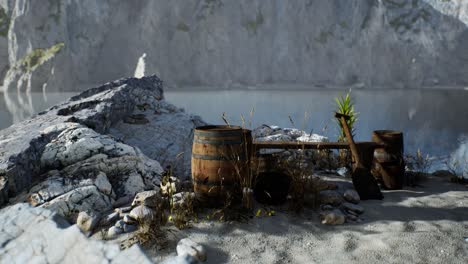 wooden barrels with sea fish at the sand beach