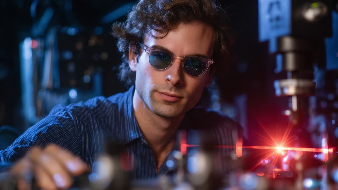 A dedicated scientist works meticulously in a high-tech laboratory, adjusting complex equipment while observing the effects of laser technology, emphasizing precision and innovation in scientific research