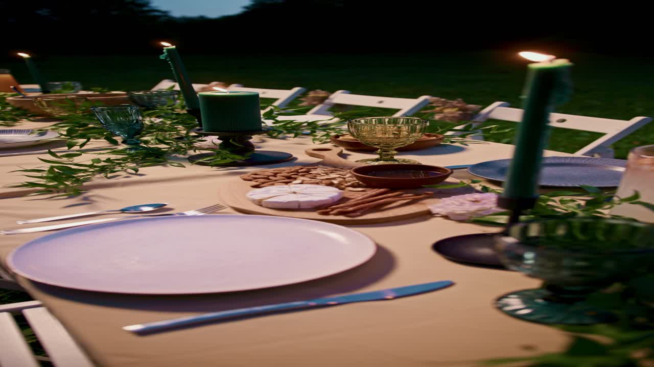 Elegant Outdoor Table Setting with Candles and Food