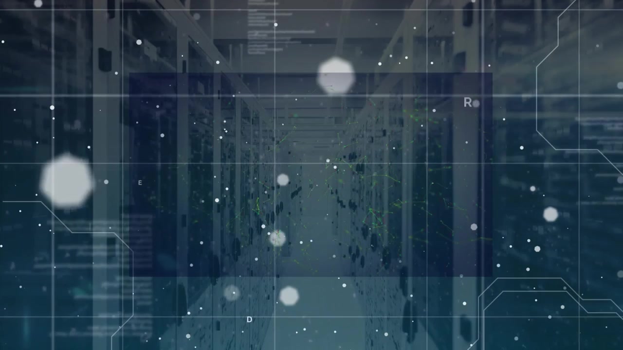 Central server aisle glowing while HUD grid and orbs moving after ping, showing system status
