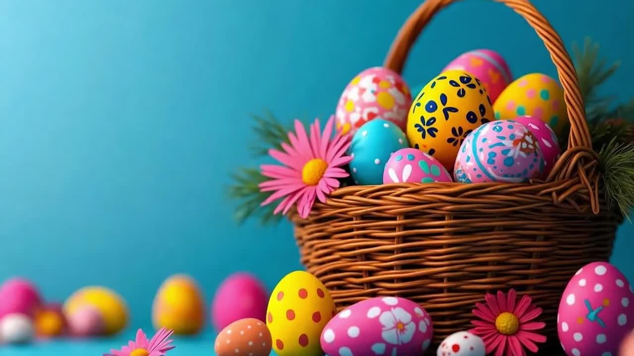 Un cesto pieno di uova di Pasqua colorate e fiori su uno sfondo blu