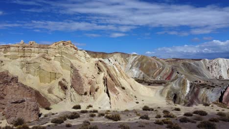 Aerial:-Colourful-eroded-hillsides,-natural-geology-formation-in-ARG