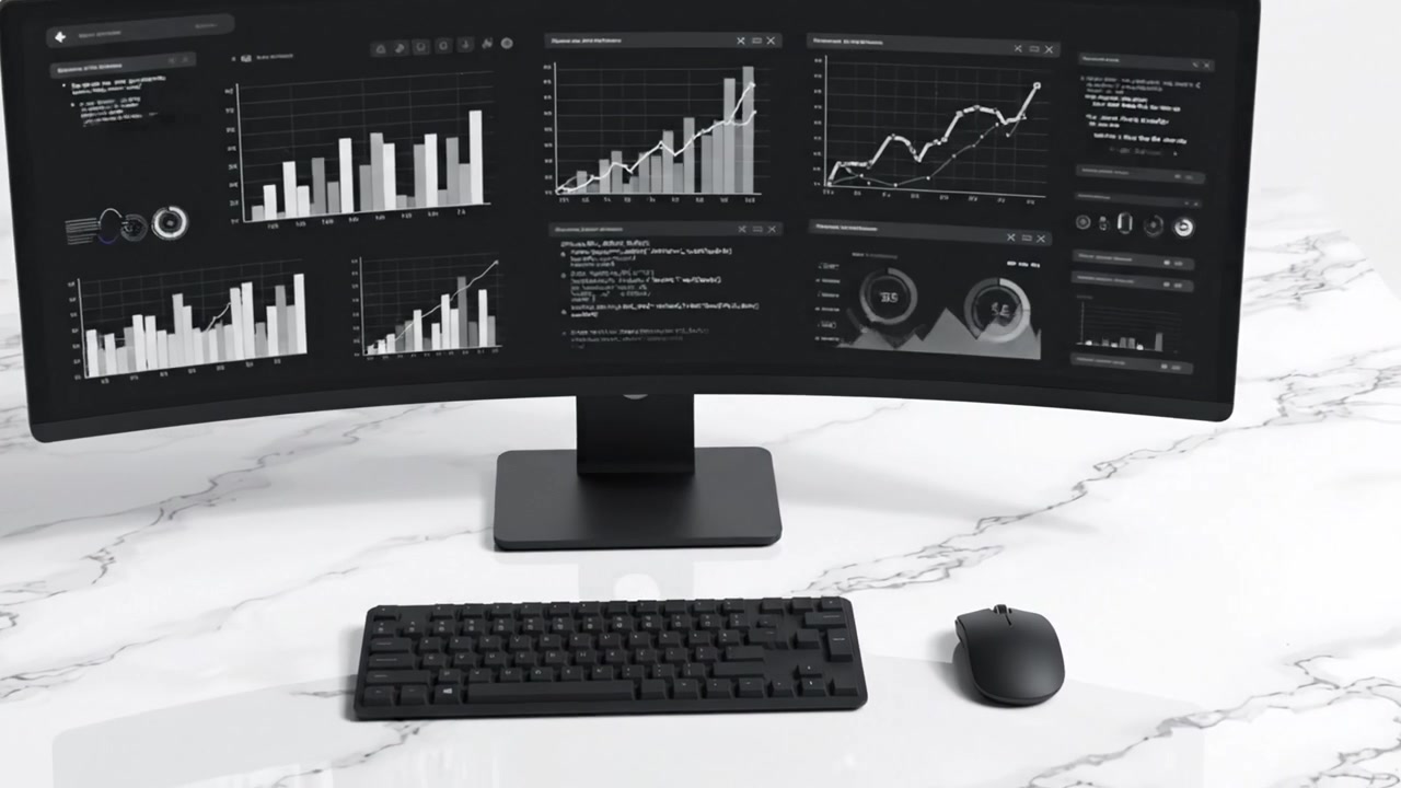 Advanced Data Analysis Setup Featuring a Curved Monitor Displaying Interactive Graphs and Statistical Information on a Sleek Marble Desk Surface